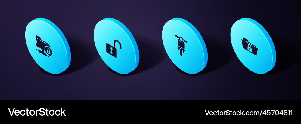 Set isometric folder and lock scooter open Set isometric folder and lock scooter open vector image