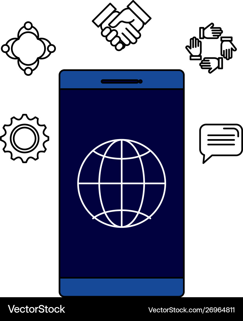 Smartphone with sphere browser and set icons Smartphone with sphere browser and set icons Vector Image