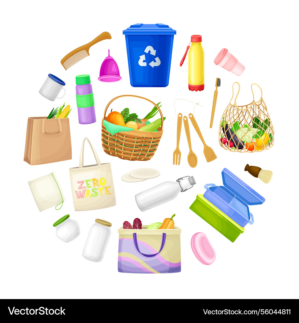 Zero waste object and reusable product round Zero waste object and reusable product round vector image