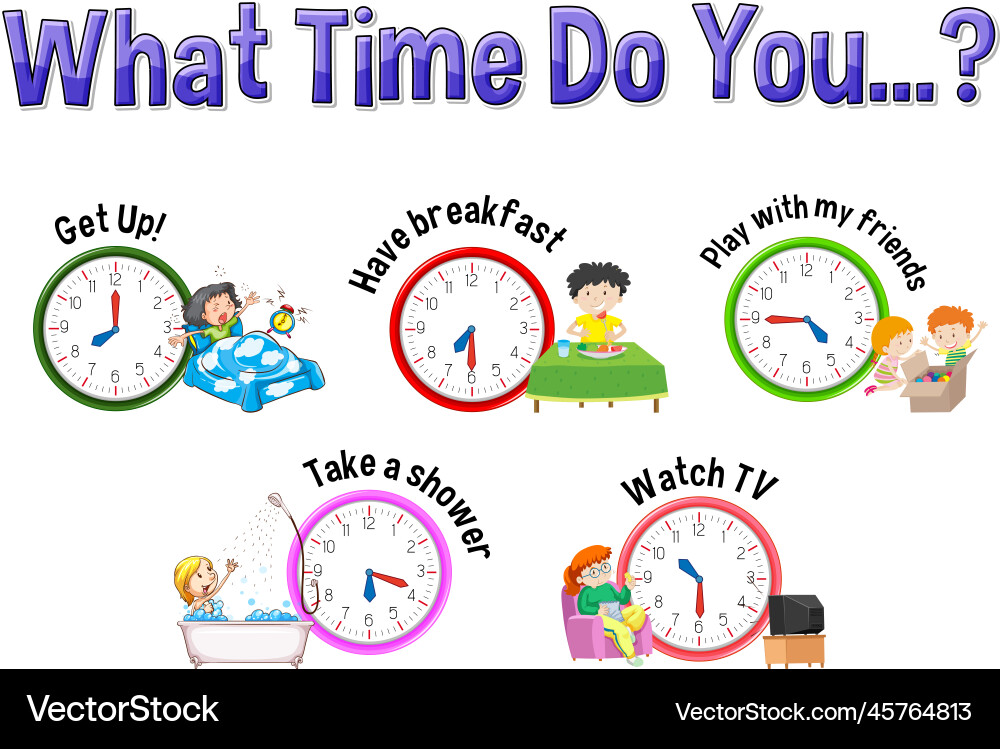 Daily routine with time and cartoon characters vector image