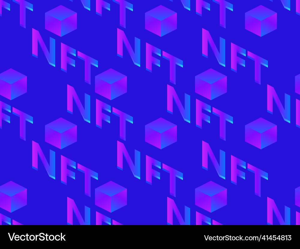 Nft token isometric text with cube seamless vector image