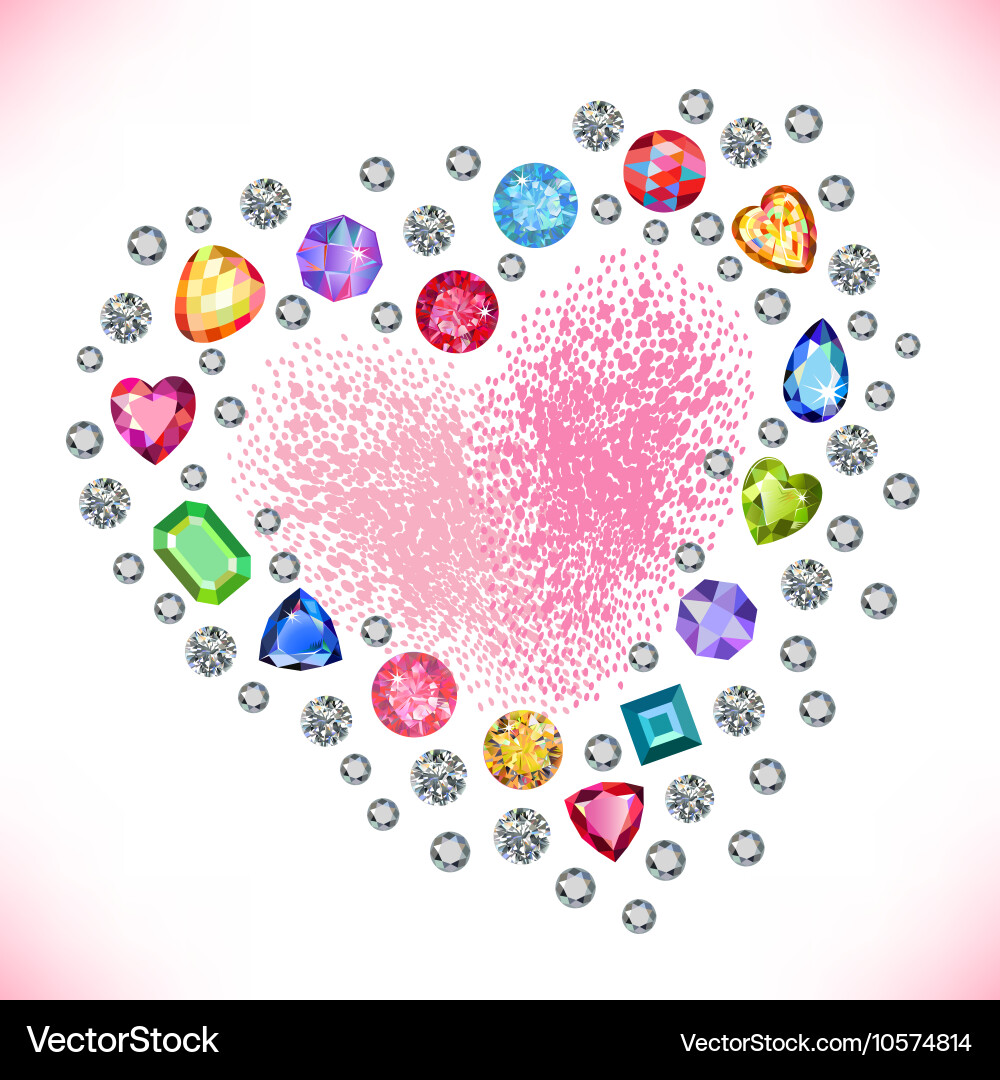 Colored gems heart shape frame vector image