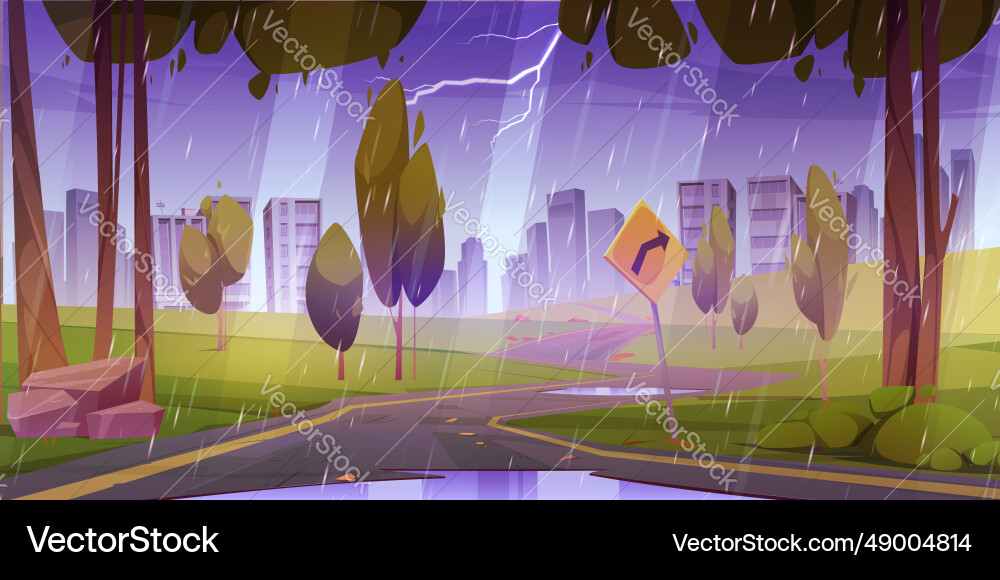 Rain on road to city with forest landscape cartoon Rain on road to city with forest landscape cartoon vector image