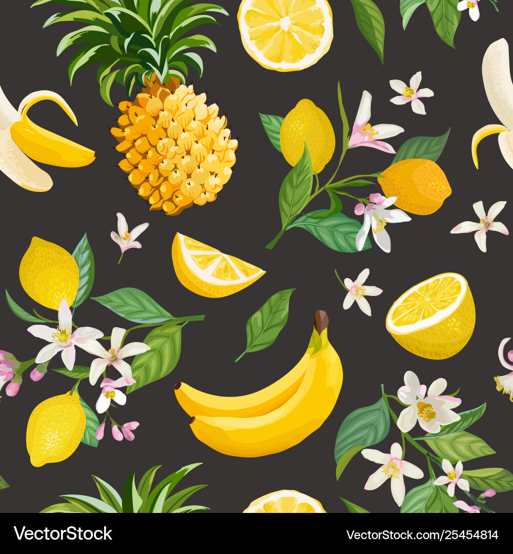 Seamless fruit pattern lemon banana pineapple Seamless fruit pattern lemon banana pineapple vector image