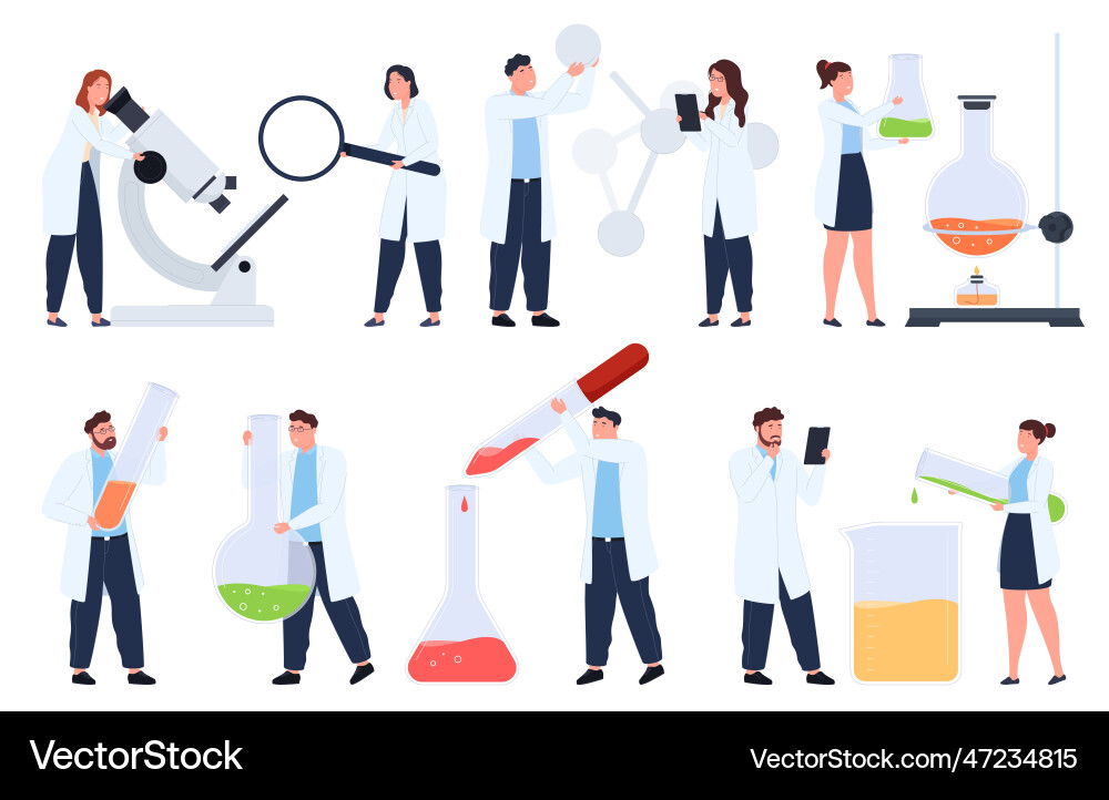 Scientists with objects hyperbolized test tubes Scientists with objects hyperbolized test tubes vector image