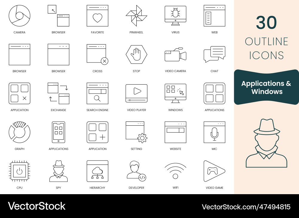 Set of applications and windows icons thin Set of applications and windows icons thin vector image
