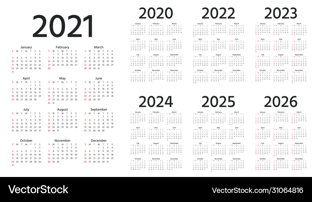 Calendar 2021 2022 2023 2024 2025 2026 2020 years Calendar 2021 2022 2023 2024 2025 2026 2020 years vector image