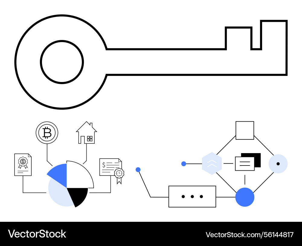 Large key with blockchain technology and financial Large key with blockchain technology and financial Vector Image
