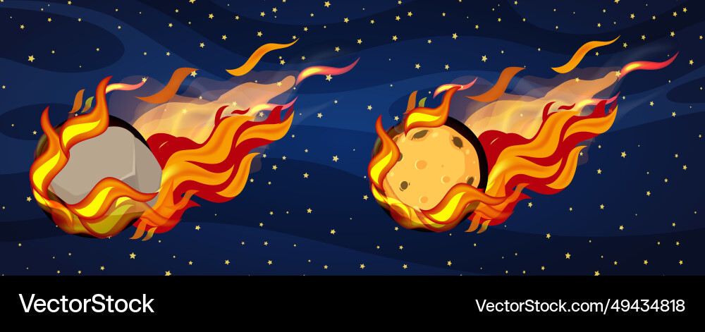 Flaming comets asteroids and meteors in space vector image