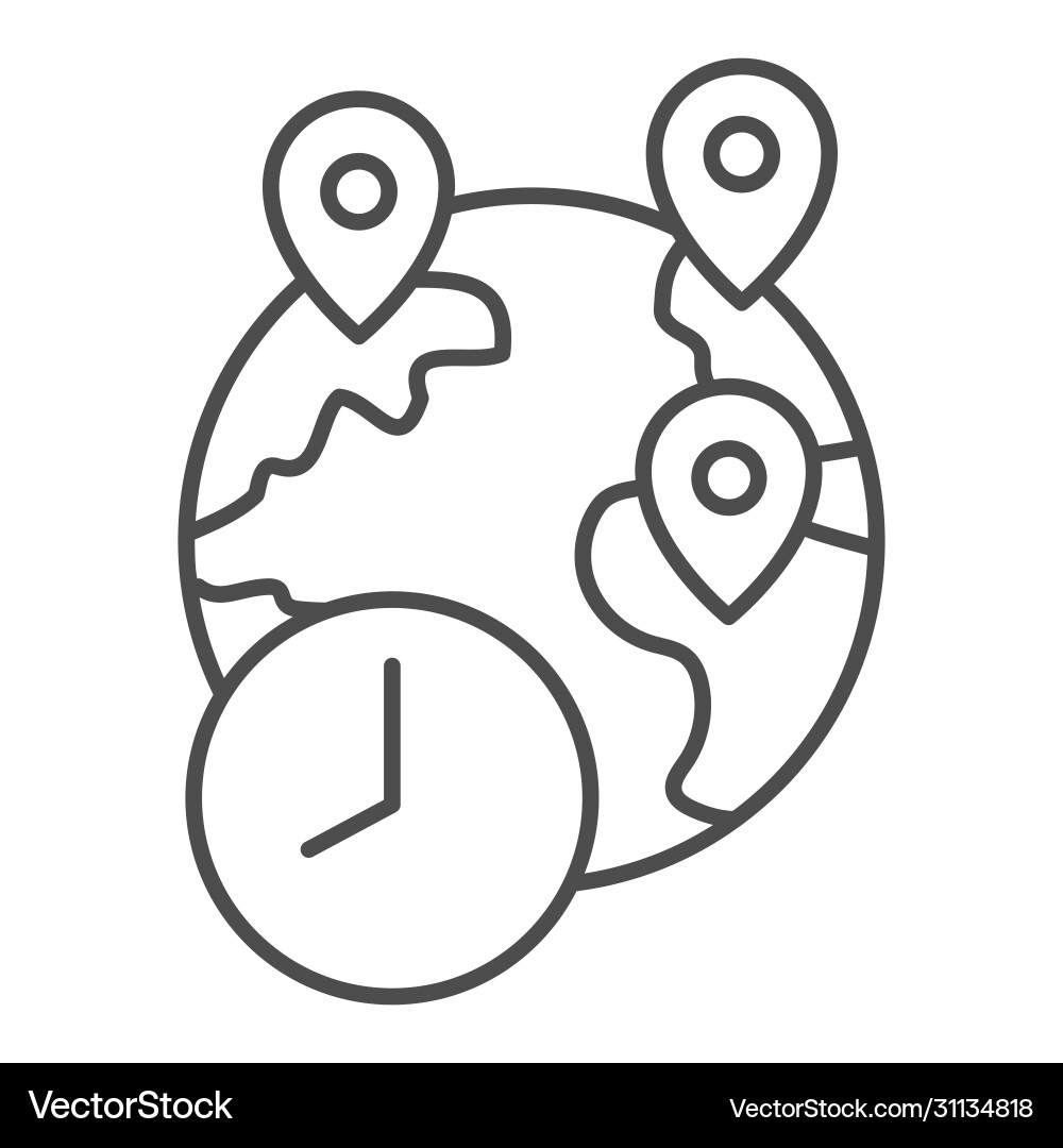 Globe with pins and clock thin line icon Globe with pins and clock thin line icon vector image