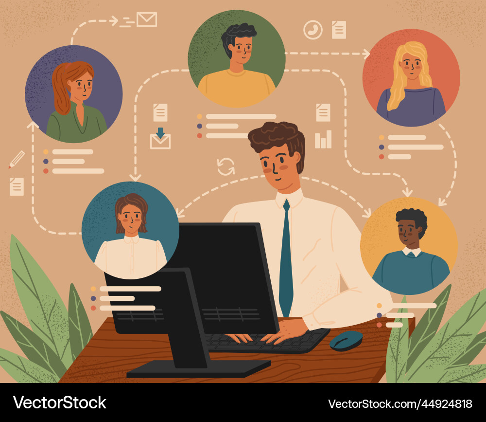 Man remotly working with different people using Man remotly working with different people using vector image
