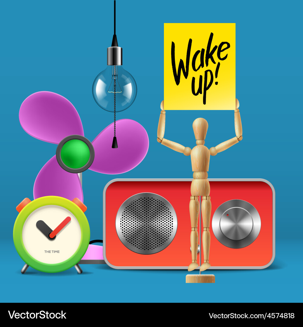 Wake up workspace mock with analog alarm clock vector image