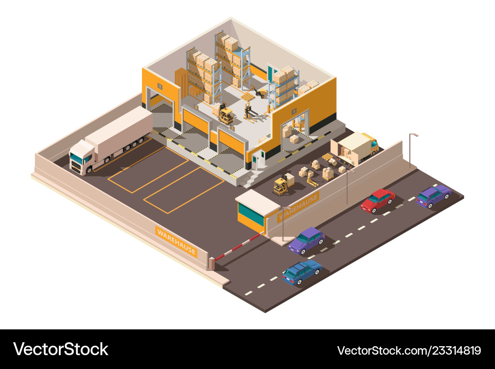 Isometrisches 3d-Lager mit Geländeparkplatz Isometrisches 3d-Lager mit Geländeparkplatz vektorbild