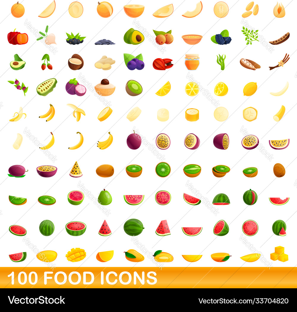100 Food Icon Set - Diverse Fruits & Vegetables Vector Image