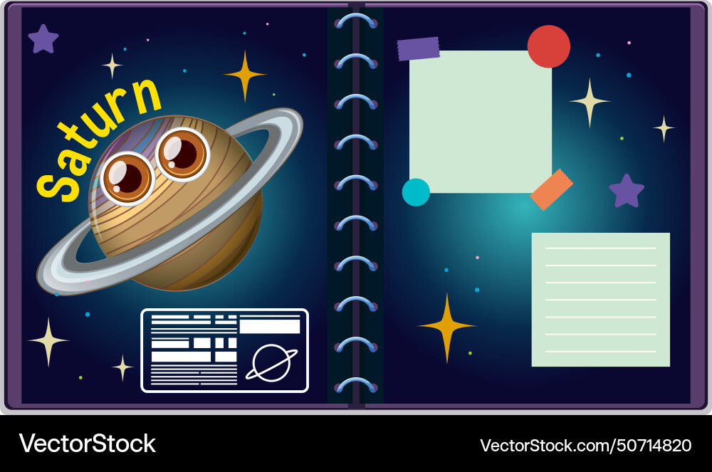 Animated saturn character inside an open notebook Animated saturn character inside an open notebook Vector Image