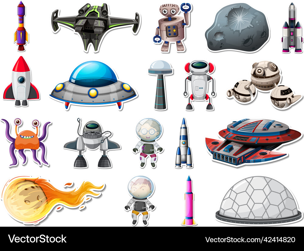 Sticker set of outer space objects and astronauts Sticker set of outer space objects and astronauts Vector Image