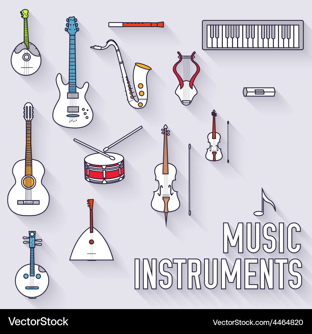 Thin lines outline music instruments icons vector image