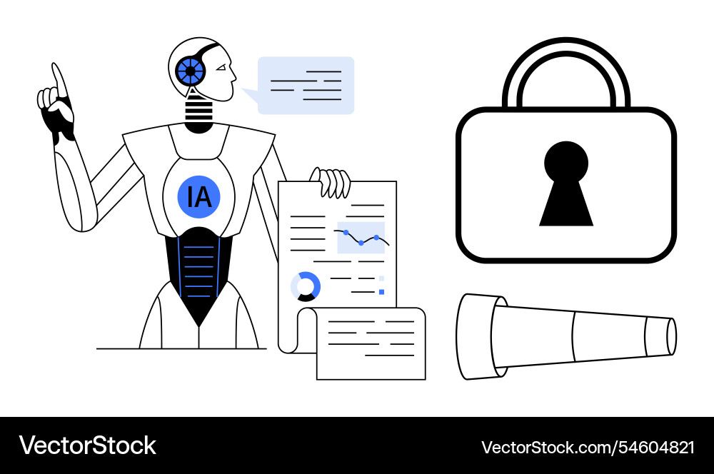 Ai robot analyzing data with security lock icon Ai robot analyzing data with security lock icon Vector Image