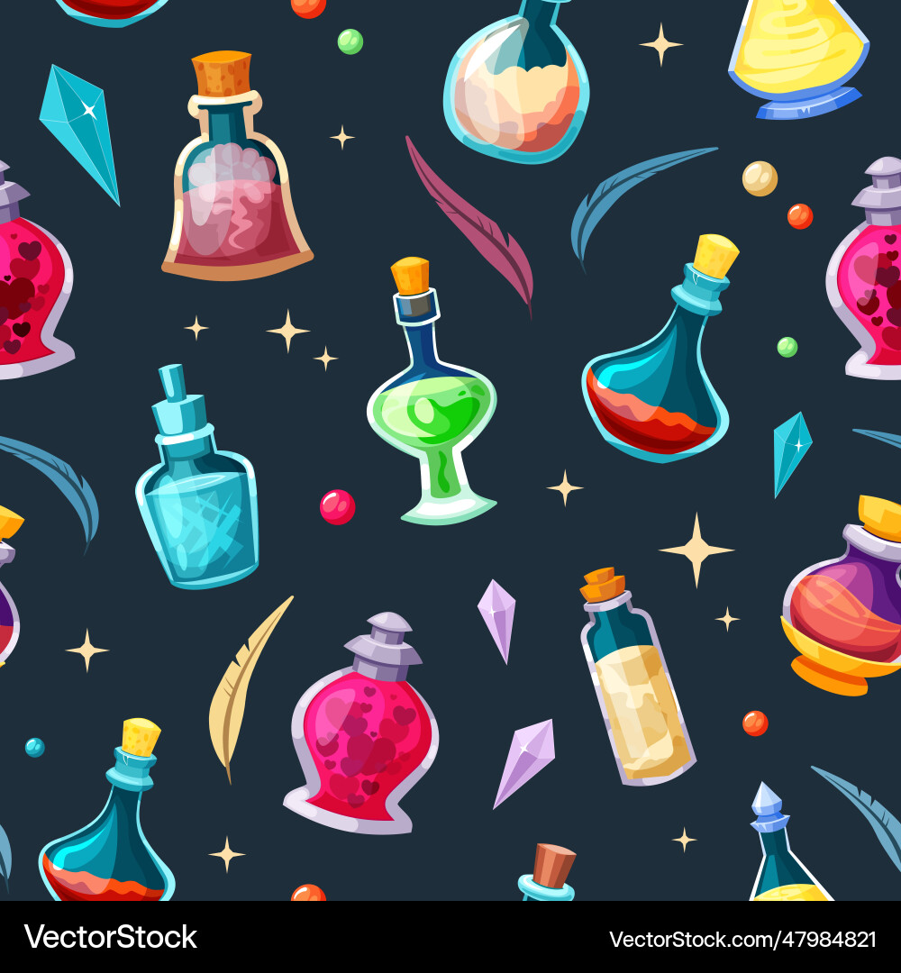 Magic potion bottles with elixir seamless pattern Magic potion bottles with elixir seamless pattern Vector Image