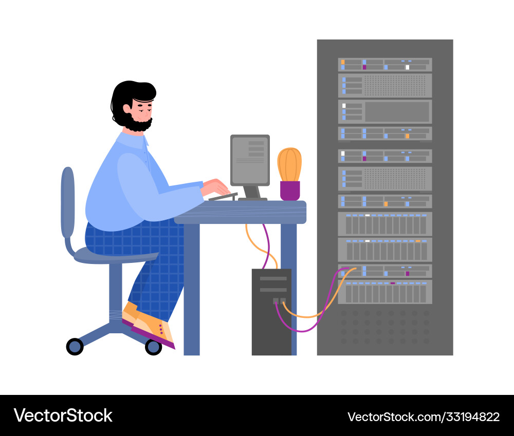 It manager working with server equipment in data It manager working with server equipment in data Vector Image