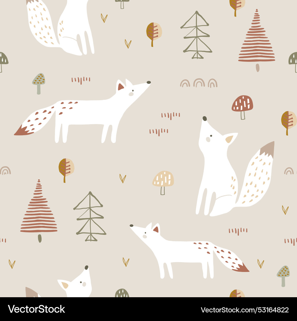 Seamless forest pattern with foxes trees Seamless forest pattern with foxes trees vector image