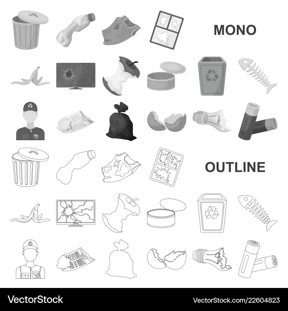 Garbage and waste monochrom icons in set Garbage and waste monochrom icons in set vector image