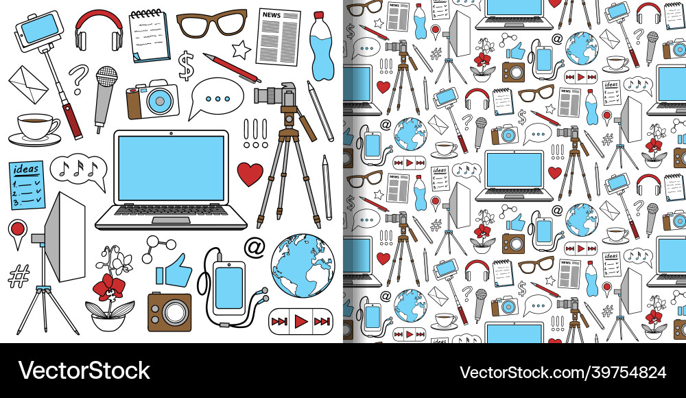 Blog objects set and seamless pattern vector image
