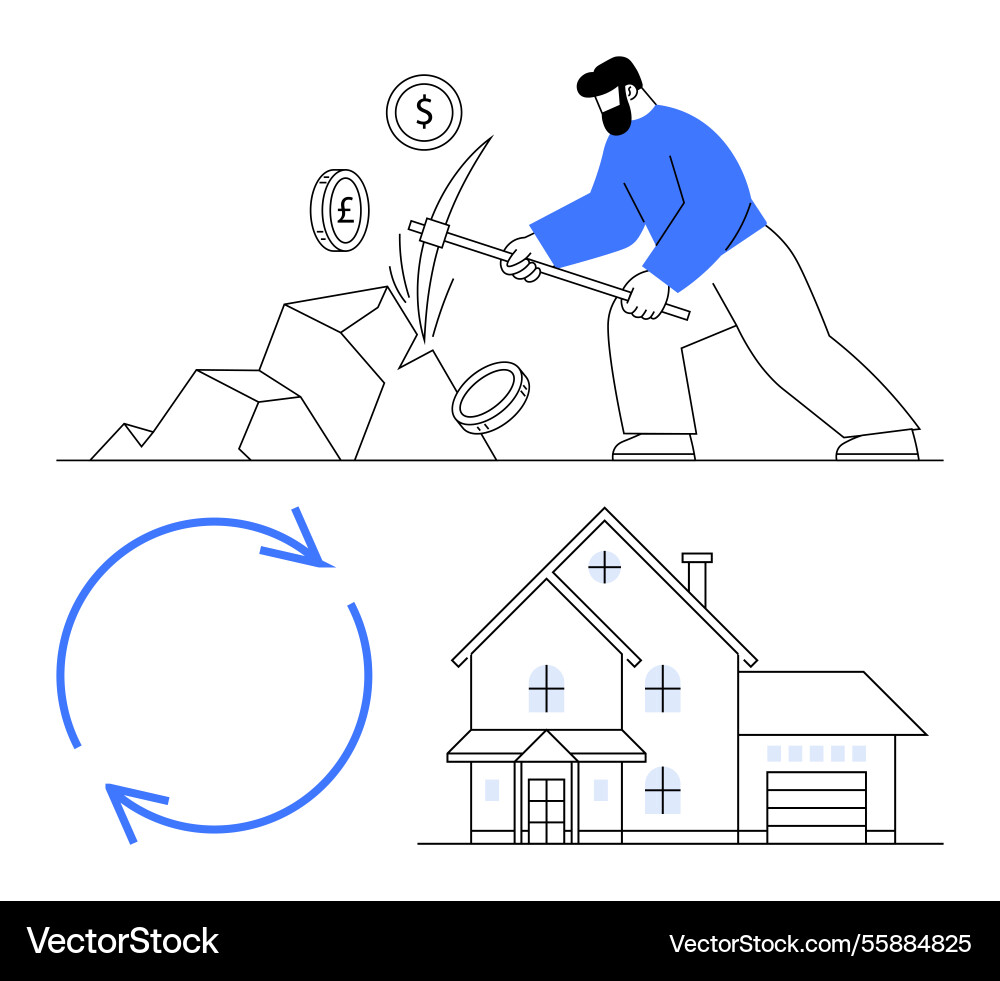 Man mining coins with a pickaxe circular arrows Man mining coins with a pickaxe circular arrows vector image