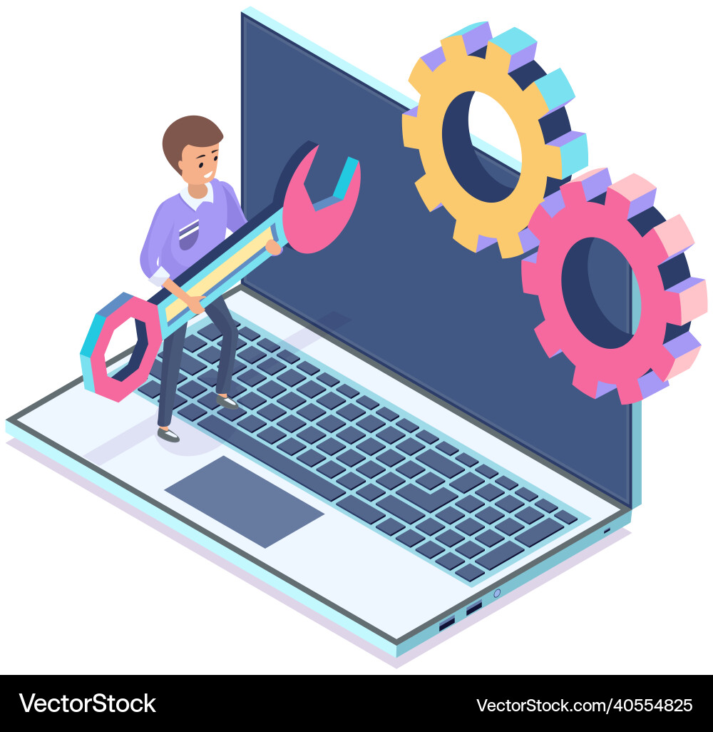 Man with wrench working settigns program vector image