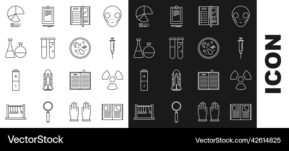 Set line open book radioactive syringe notebook Set line open book radioactive syringe notebook vector image