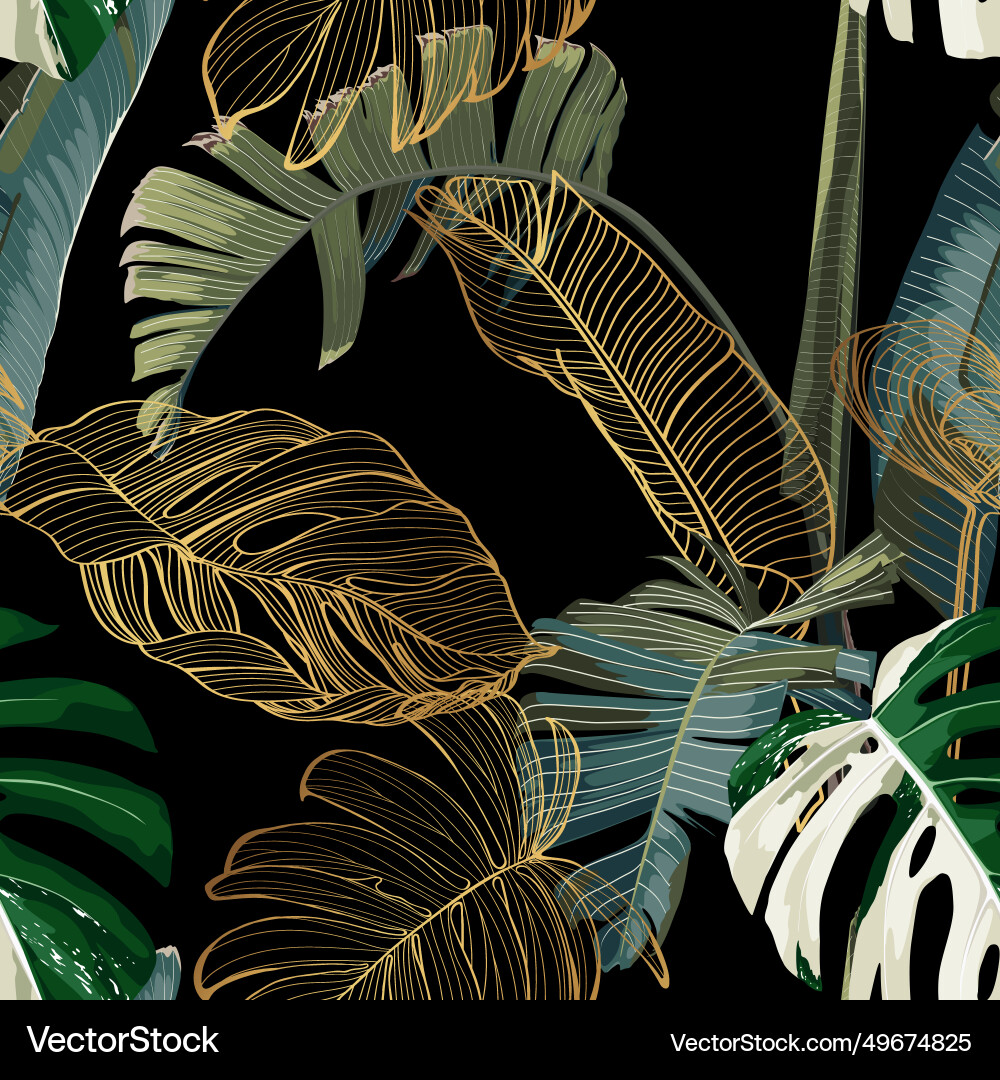 Tropical night vintage palm banana plant golden vector image