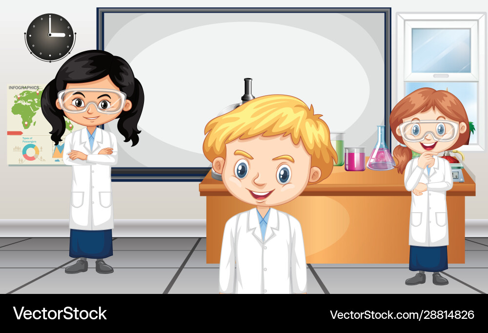 Classroom scene with three science students Classroom scene with three science students vector image
