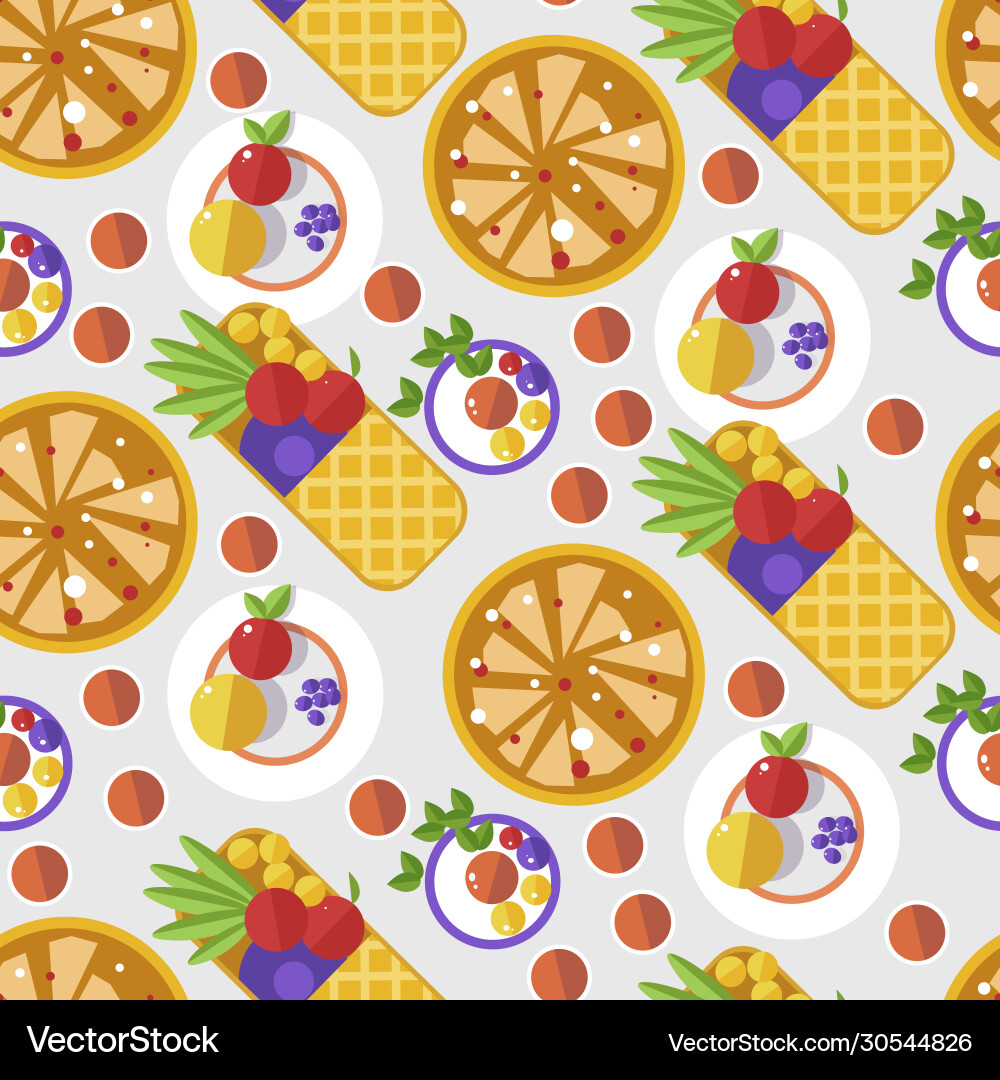 Waffles with fruits and decoration served dessert Waffles with fruits and decoration served dessert vector image
