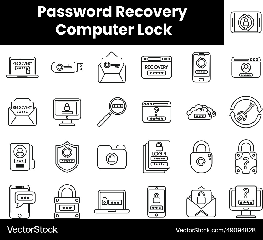 Set of outline password recovery computer lock Set of outline password recovery computer lock vector image