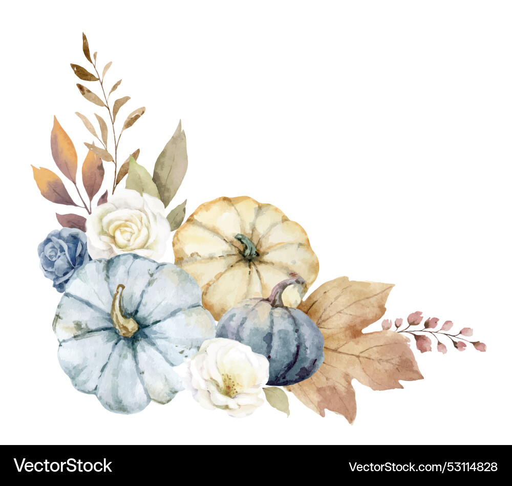 Watercolor floral pumpkins corner border Watercolor floral pumpkins corner border vector image