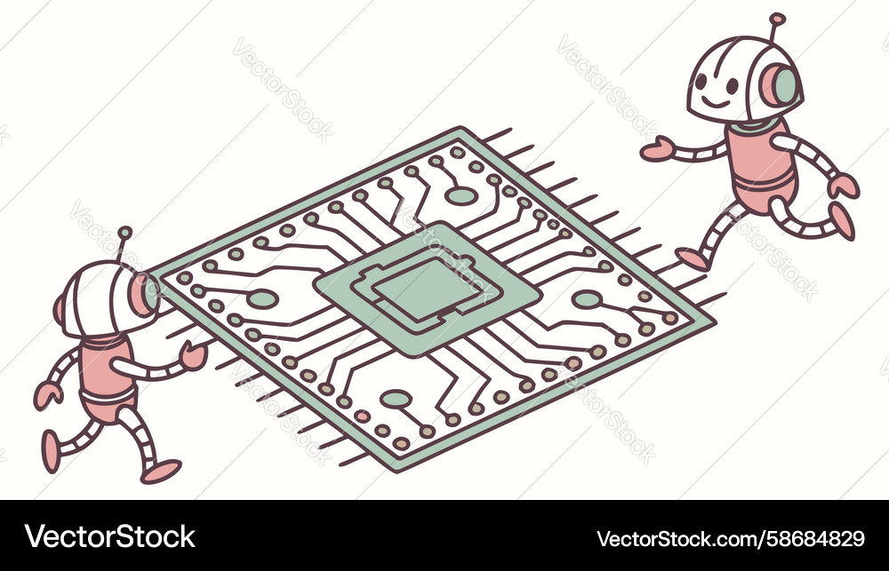 Robots Building Microchip Vector Image
