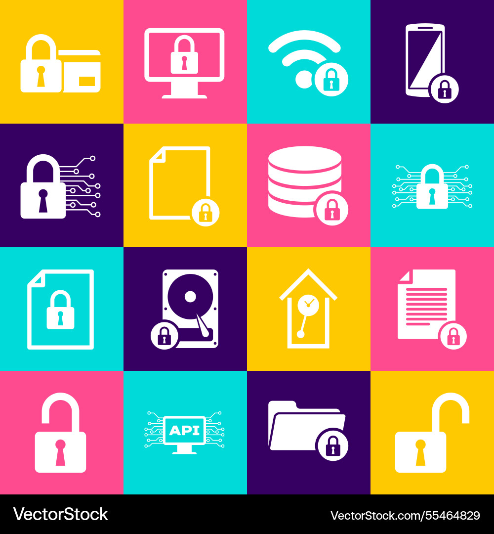 Set open padlock document and cyber security wifi vector image