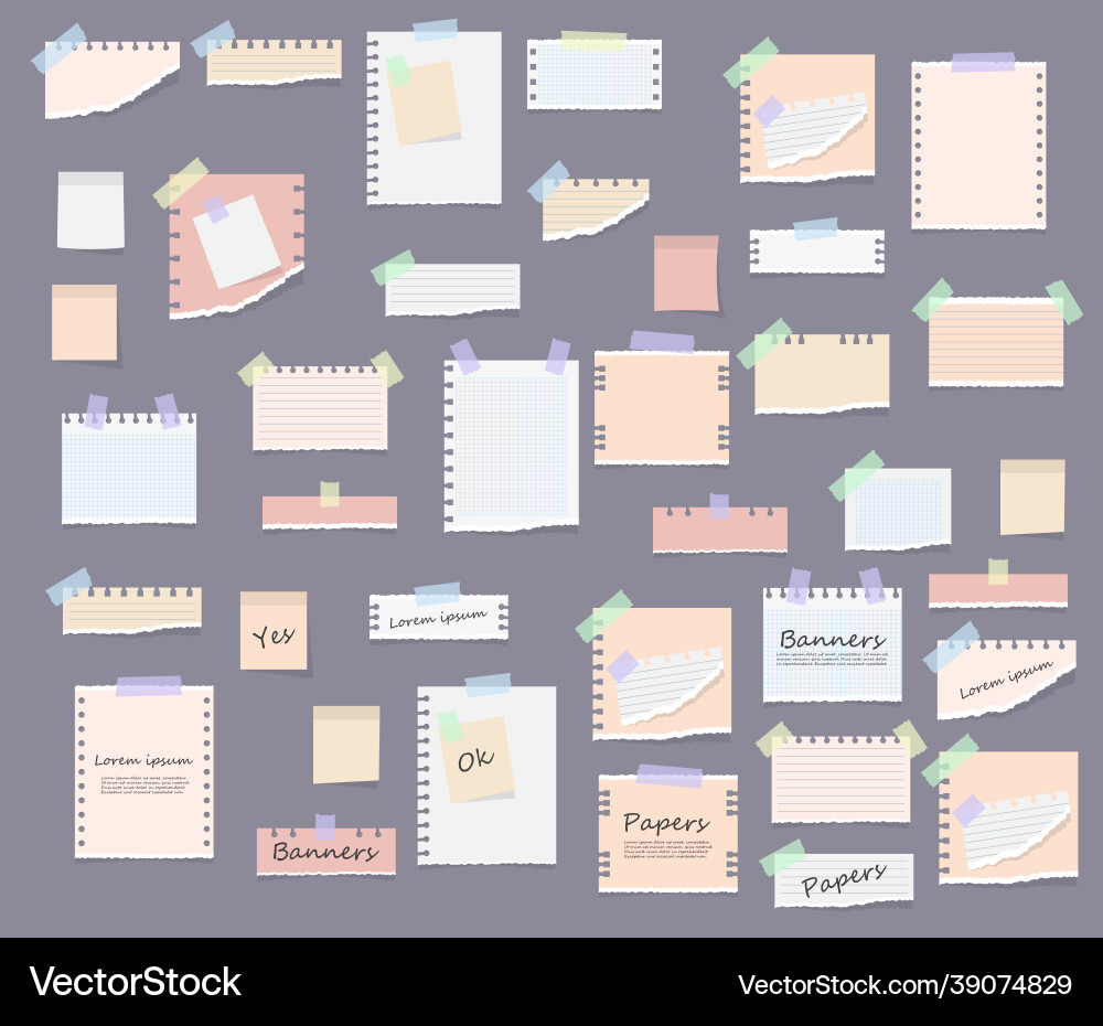 Sticky notes memo messages torn paper sheets Sticky notes memo messages torn paper sheets vector image