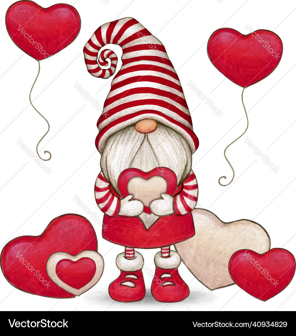 Watercolor cute hand drawn valentines day gnome vector image