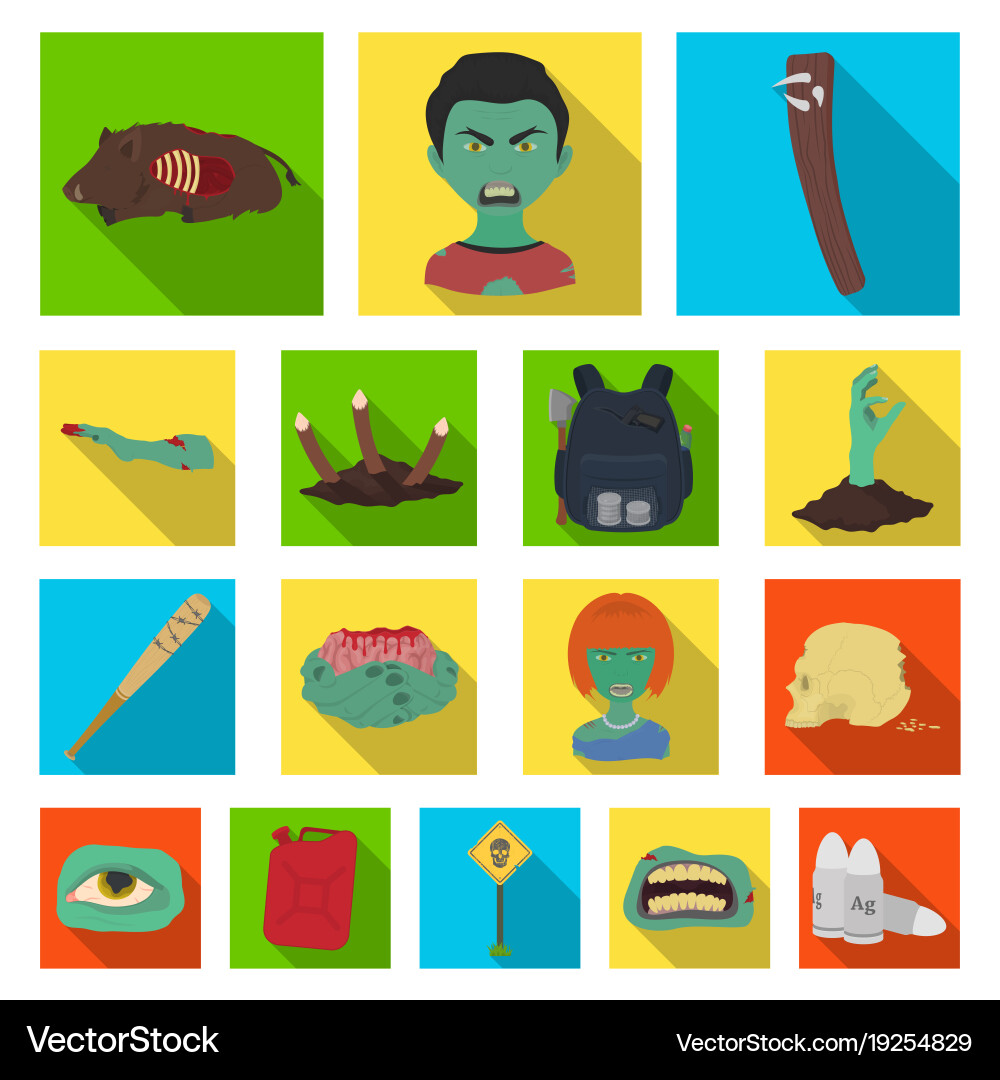 Zombies and attributes flat icons in set vector image