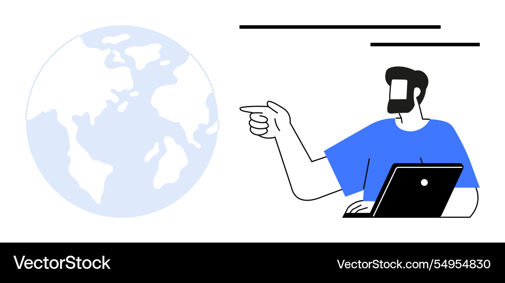 Man pointing at globe while working on laptop Vector Image