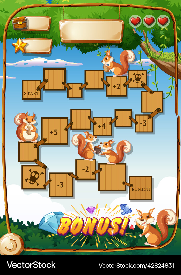 Game design with squirrels in forest background Game design with squirrels in forest background vector image