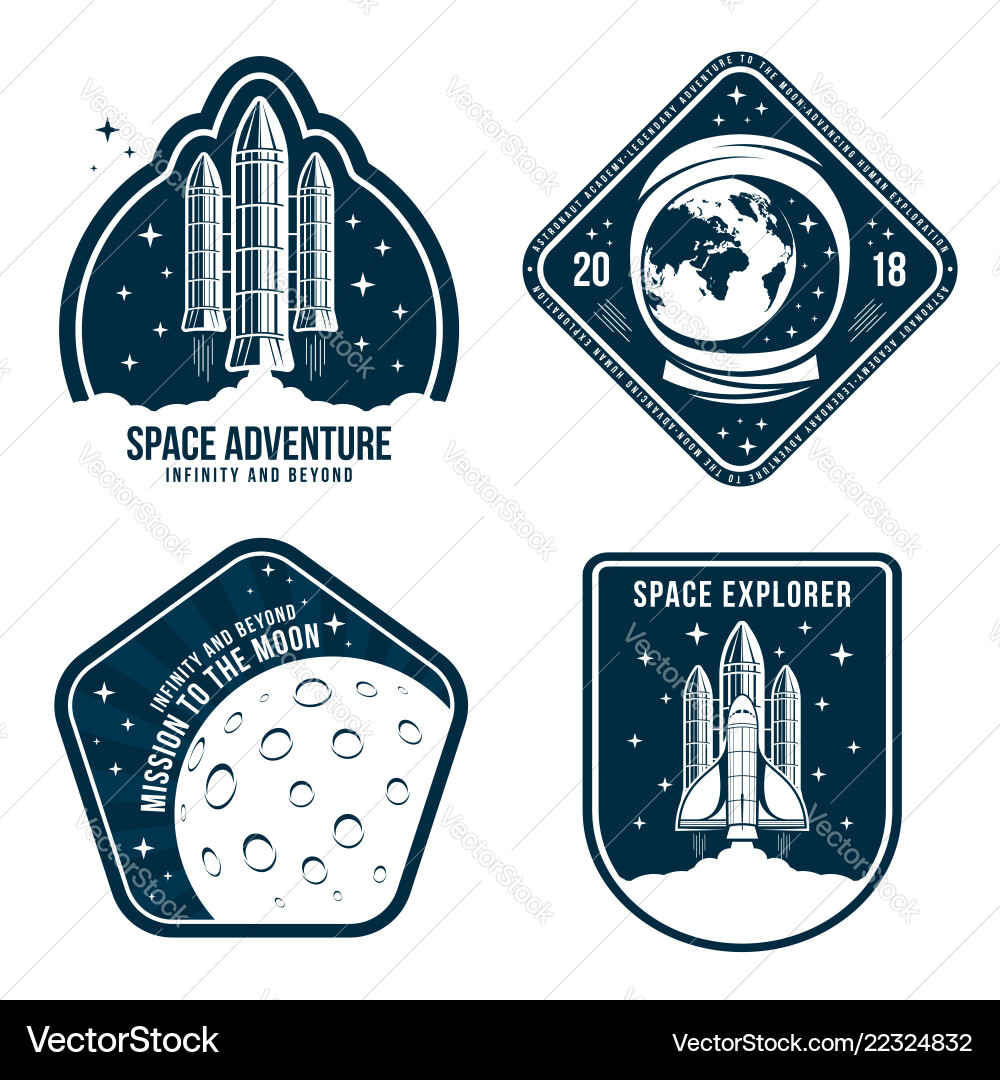 Space badges with astronaut helmet rocket launch Vector Image