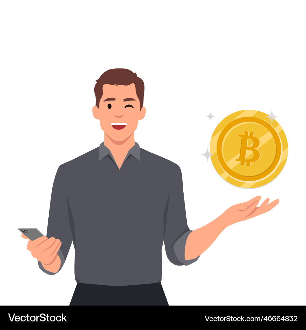Young bitcoin millionaire man holding – Royalty-Free Vector | VectorStock