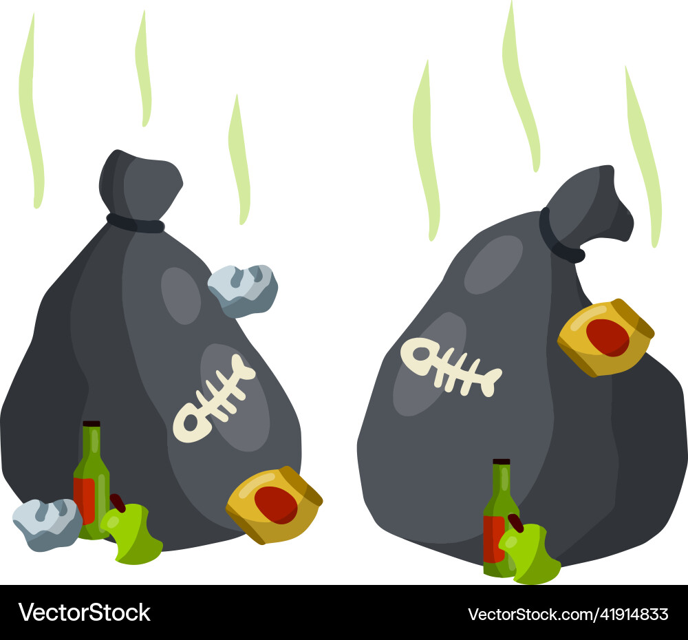Garbage bag black with trash and junk Vector Image