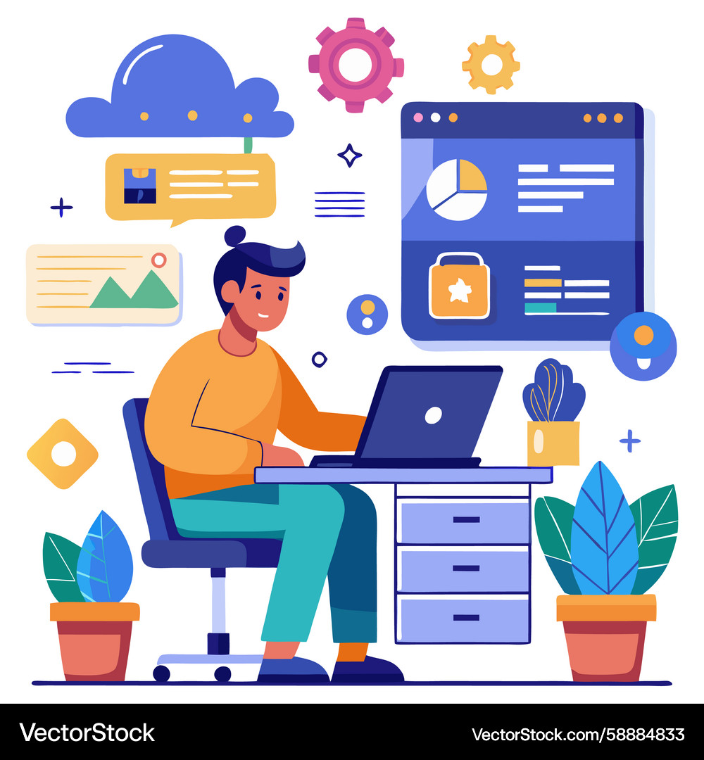 Man working on laptop with digital interface Man working on laptop with digital interface Vector Image