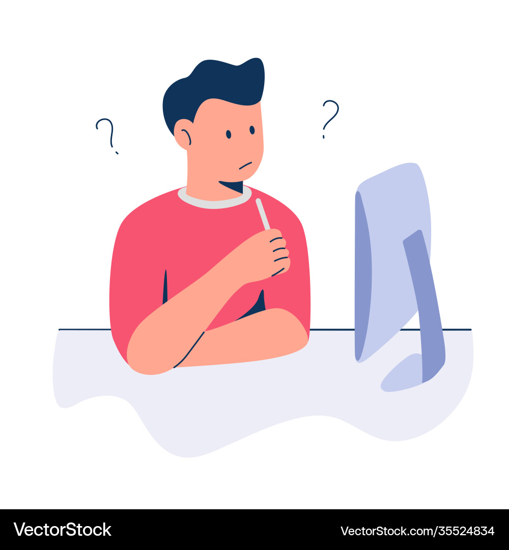 Man confuse front computer work learn question Man confuse front computer work learn question Vector Image