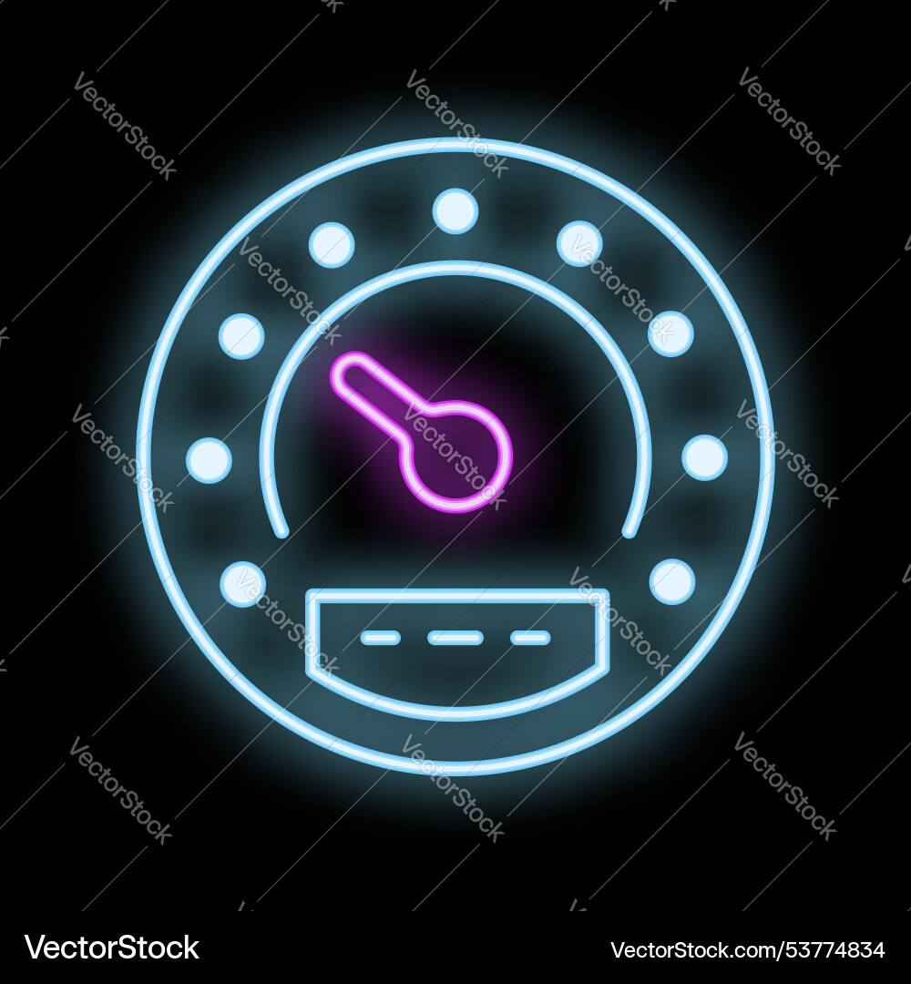 Neon icon of speedometer showing increasing speed vector image