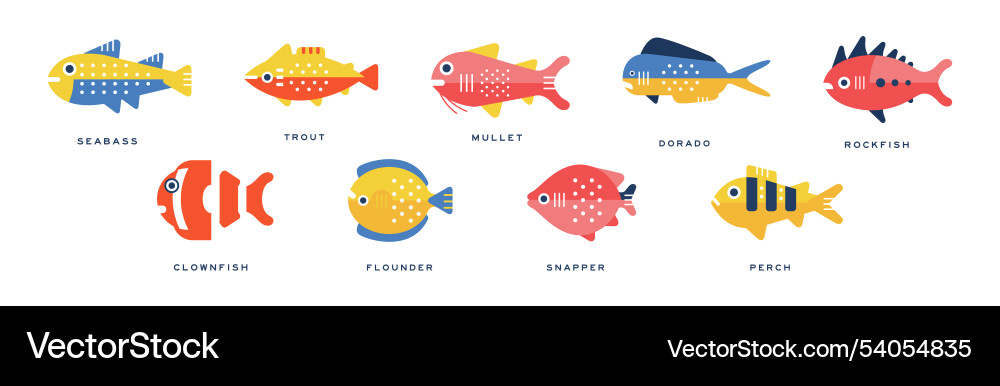 Different fish flat icon with name set Different fish flat icon with name set vector image