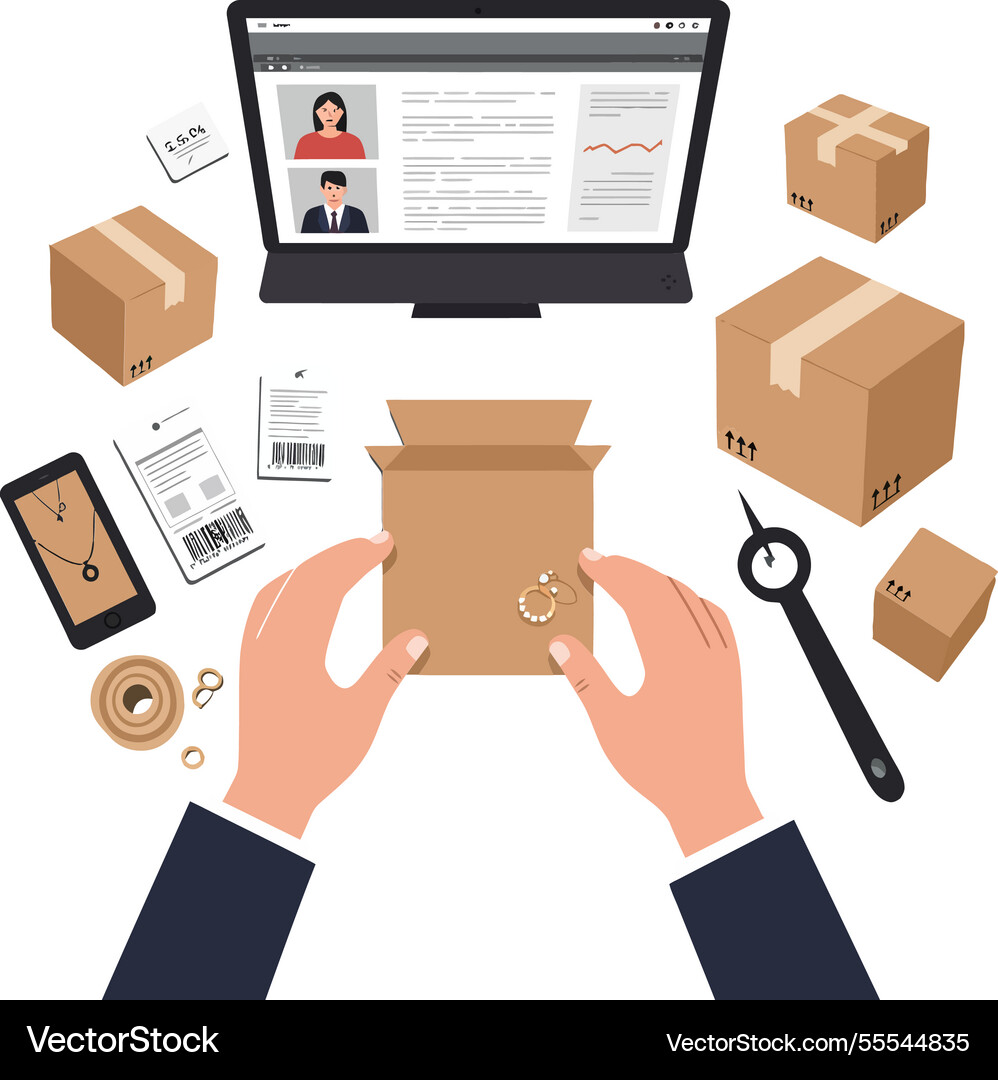Hands holding an open cardboard box in a minimal Hands holding an open cardboard box in a minimal Vector Image